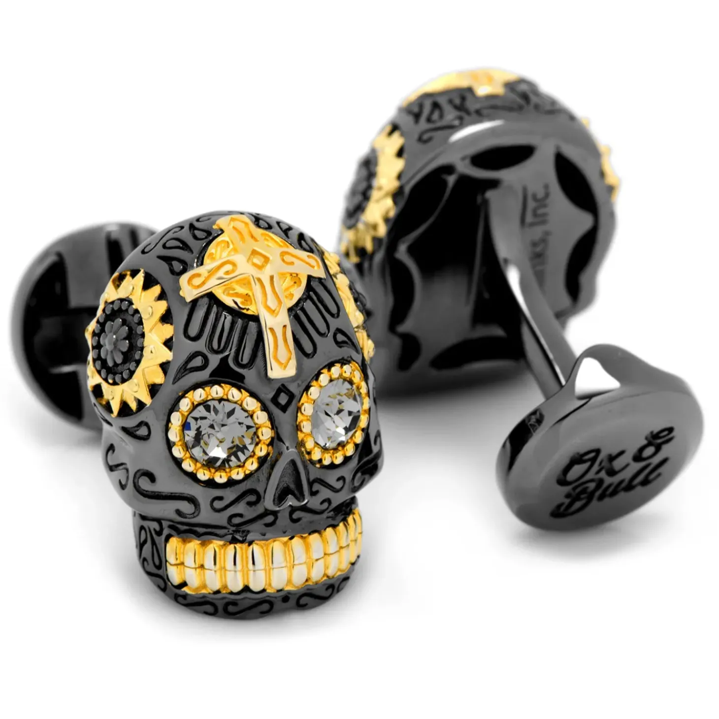 Ox and Bull Trading Co. Black and Gold Vermeil Day of the Dead Skull Cufflinks