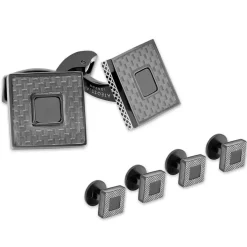 Tateossian Carbon Ceramic Cufflinks And Studs Set In IP Black Plating