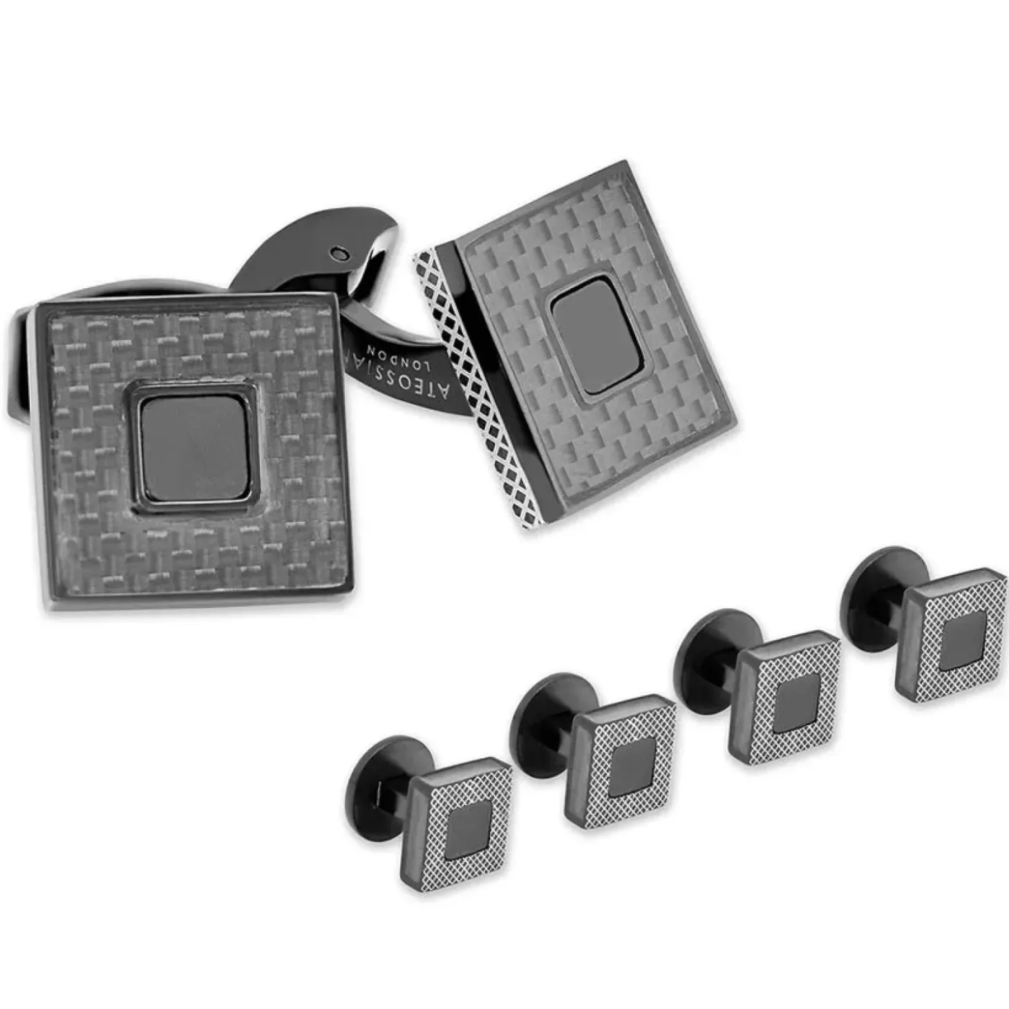 Tateossian Carbon Ceramic Cufflinks And Studs Set In IP Black Plating