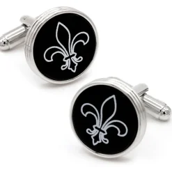 JJ Weston Fleur de Lis Engraved Onyx Silver Cufflinks
