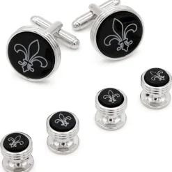 JJ Weston Fleur de Lis Engraved Onyx Silver Stud Set