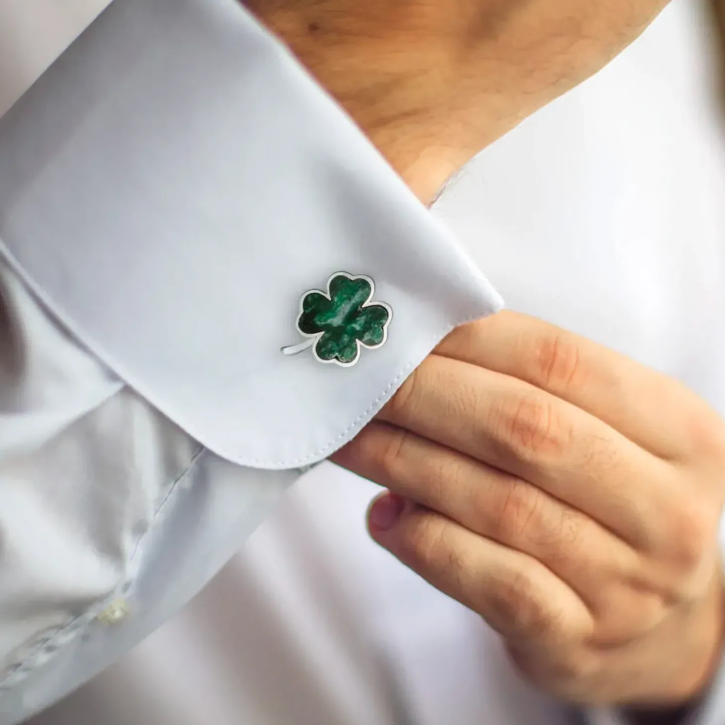 Jan Leslie Green Onyx Four Leaf Clover Sterling Silver Cufflinks