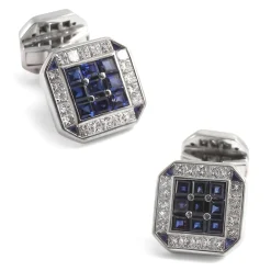 Deakin & Francis 18K White Gold Square Cufflinks with Diamonds & Sapphires