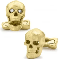 Deakin & Francis 18K Yellow Gold Skull Cufflinks with Popping Diamond Eyes
