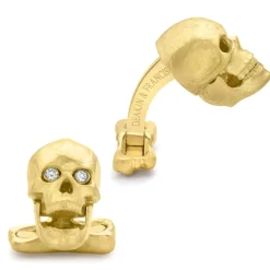 Deakin & Francis 18K Yellow Gold Skull Cufflinks with Popping Diamond Eyes
