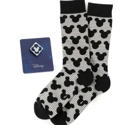 Disney Mickey Stripe Gray Sock and Mickey Blue Lapel Pin Gift Set