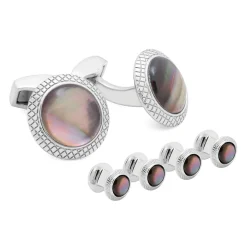 Tateossian Moonlight Bullseye Cufflinks And Studs Set In Black Mother of Pearl