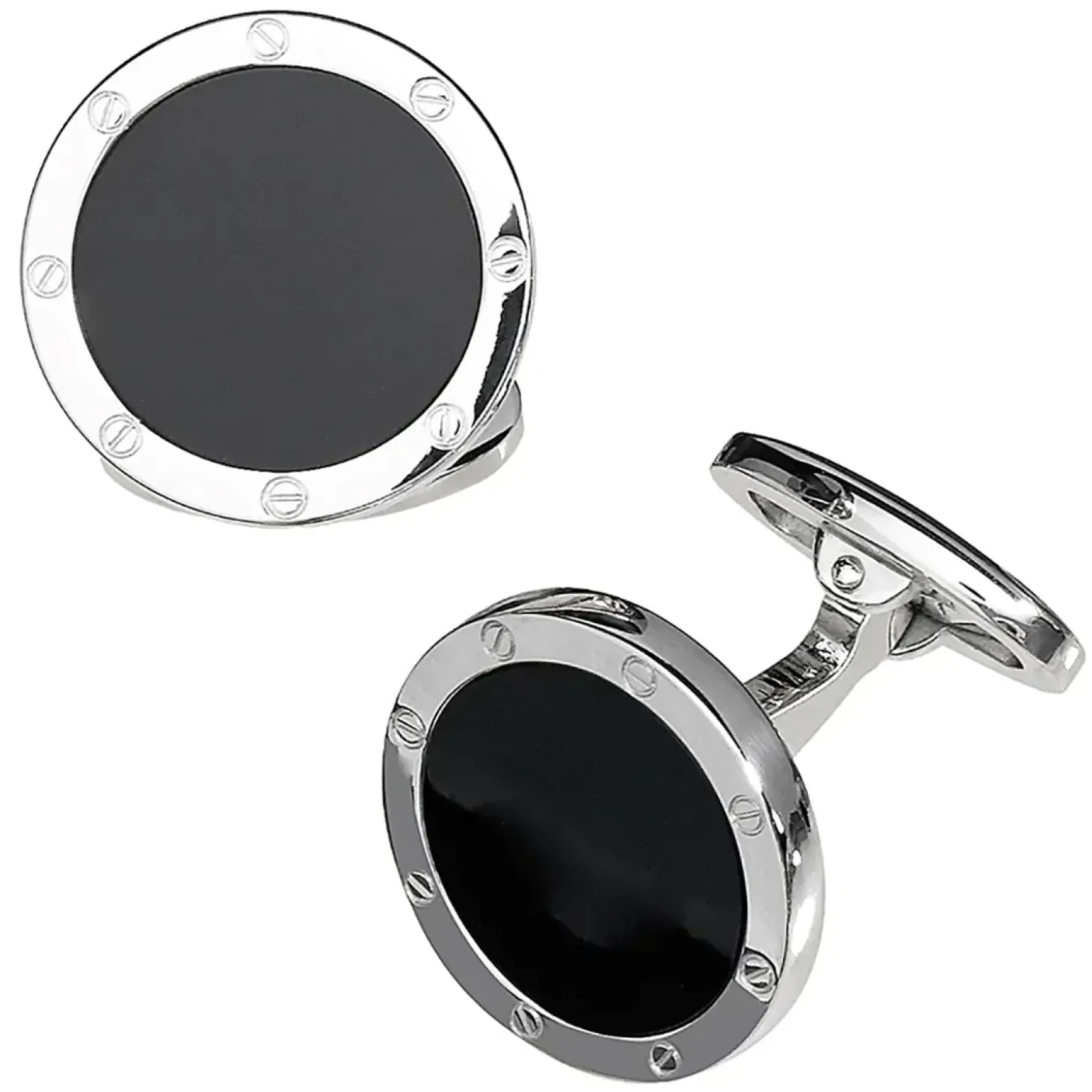 Jan Leslie Onyx Rivet Etch Detail Sterling Silver Cufflinks
