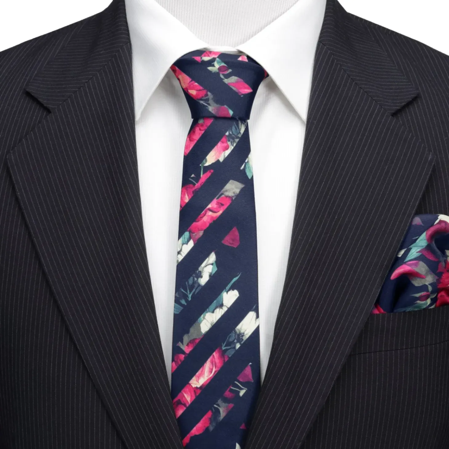 Ox and Bull Trading Co. Painted Floral Navy Stripe Silk Men's Tie