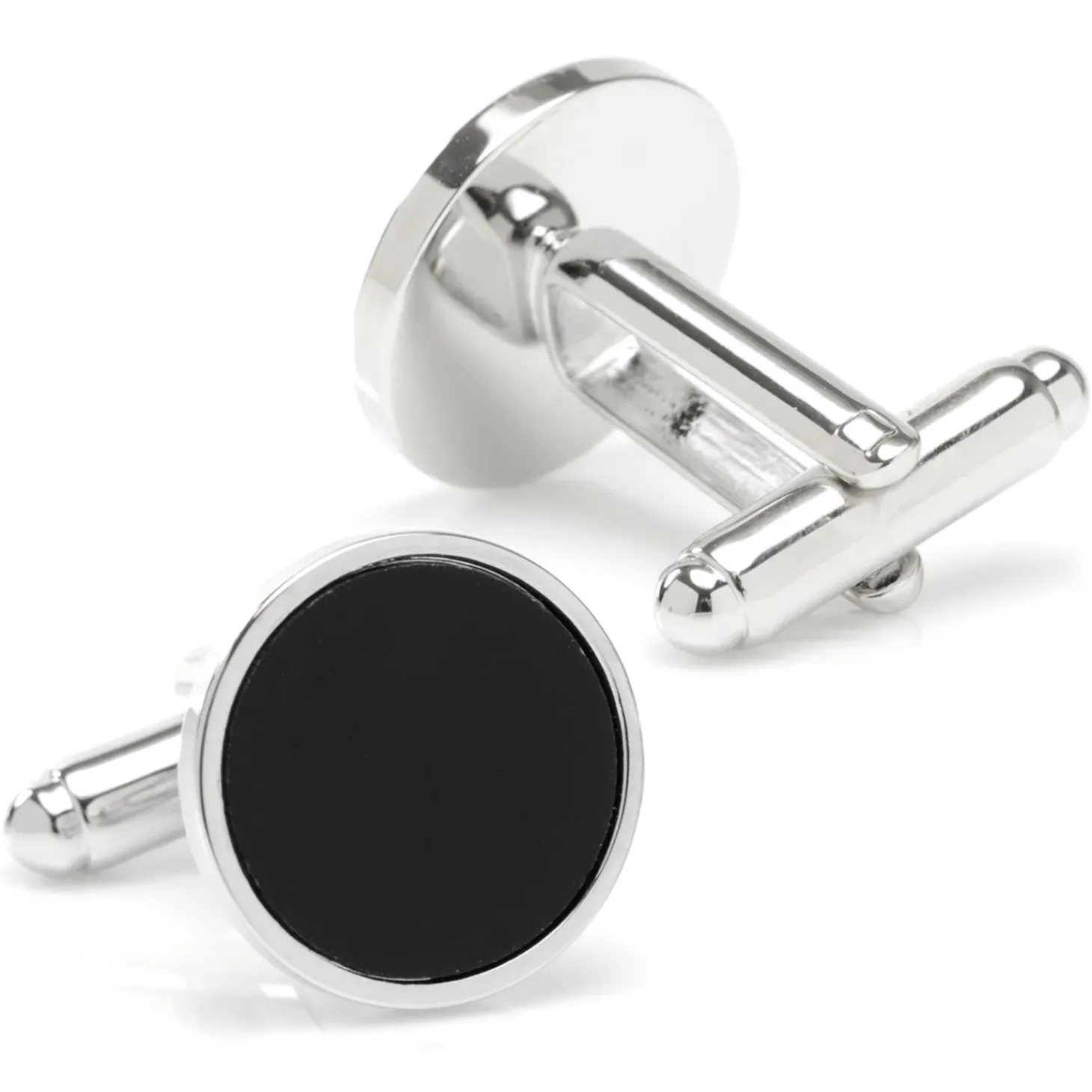 Ox and Bull Trading Co. Round Silver Cufflink with Onyx Inlay