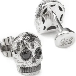 Ox and Bull Trading Co. Silver and Black PVD Day of the Dead Skull Cufflinks