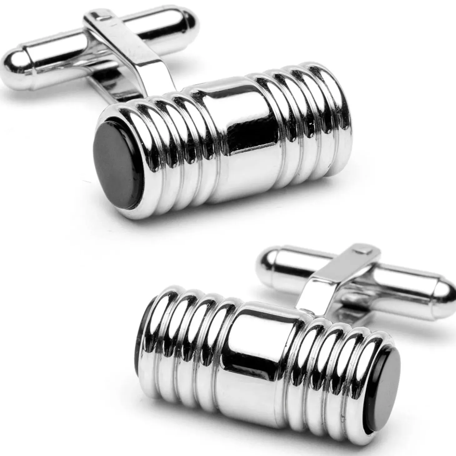 JJ Weston Silver and Onyx Ribbed Tube Cufflinks