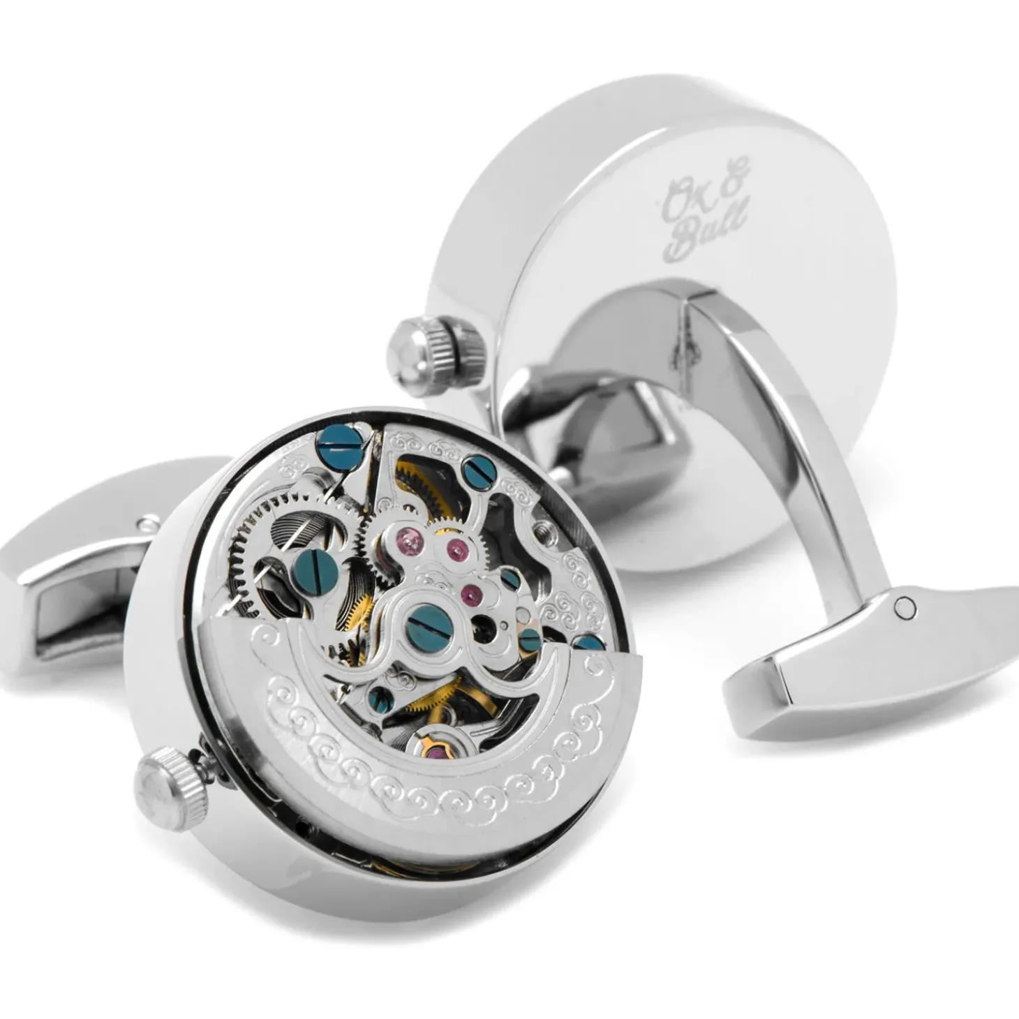 Ox and Bull Trading Co. Silver Stainless Steel Kinetic Watch Movement Cufflinks