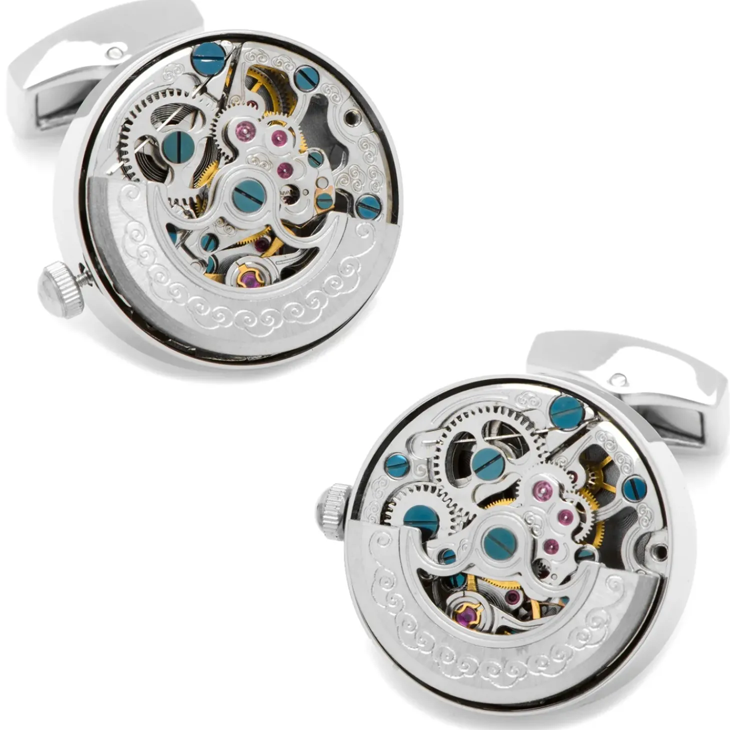Ox and Bull Trading Co. Silver Stainless Steel Kinetic Watch Movement Cufflinks