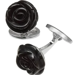 Jan Leslie Sterling Silver Carved Rose Black Onyx Cufflinks