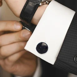 Ox and Bull Trading Co. Sterling Silver Classic Round Blue Goldstone Cufflinks
