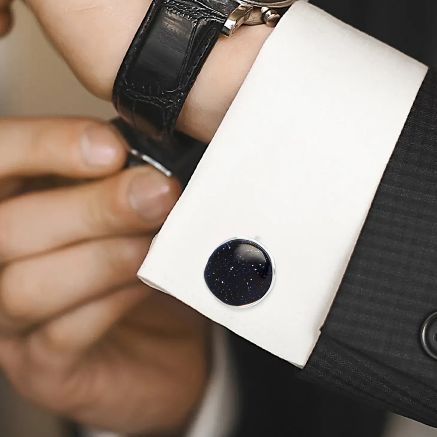 Ox and Bull Trading Co. Sterling Silver Classic Round Blue Goldstone Cufflinks