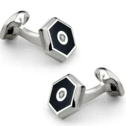 Deakin & Francis Sterling Silver Hexagonal Cufflinks with Onyx and Diamond