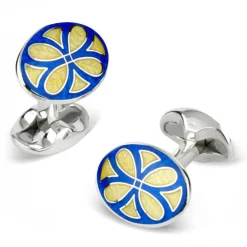Deakin & Francis Sterling Silver Royal Blue & Bright Yellow Fancy Pattern Enamel Cufflinks