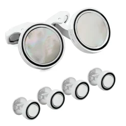 Tateossian Tambor White Cufflinks and Studs Set in Mother of Pearl