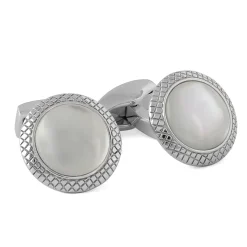 Tateossian White Mother of Pearl Bullseye Semi Precious Cufflinks Palladium Plated